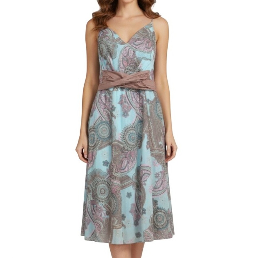 RUBBER DUCKY Twill BOHEMIAN FLORAL PAISLEY Tie Belt SURPLICE V-NECK Midi DRESS S